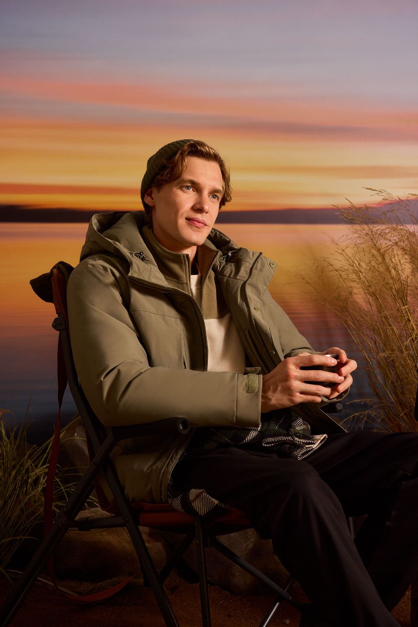 Erkek Açık Haki Su İtici Kapüşonlu Mont