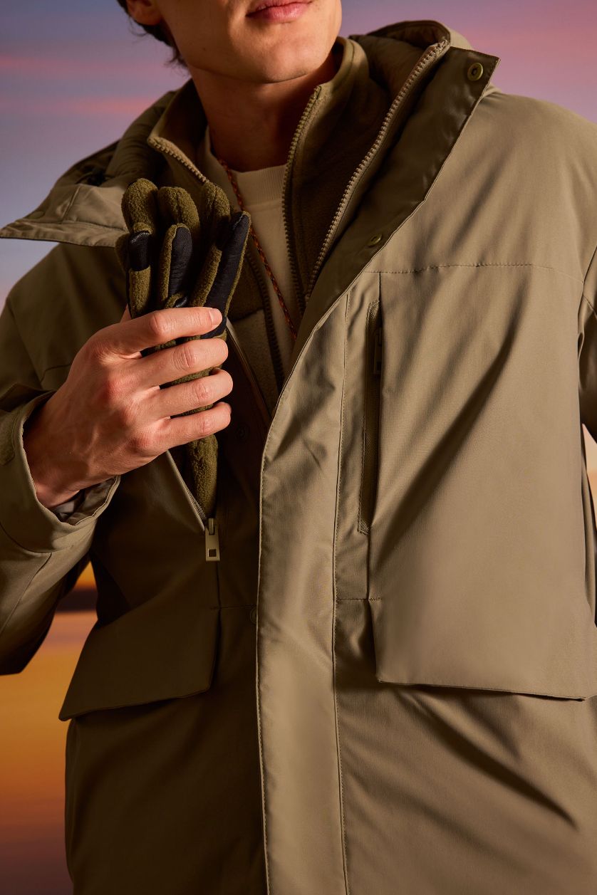 Erkek Açık Haki Su İtici Kapüşonlu Mont