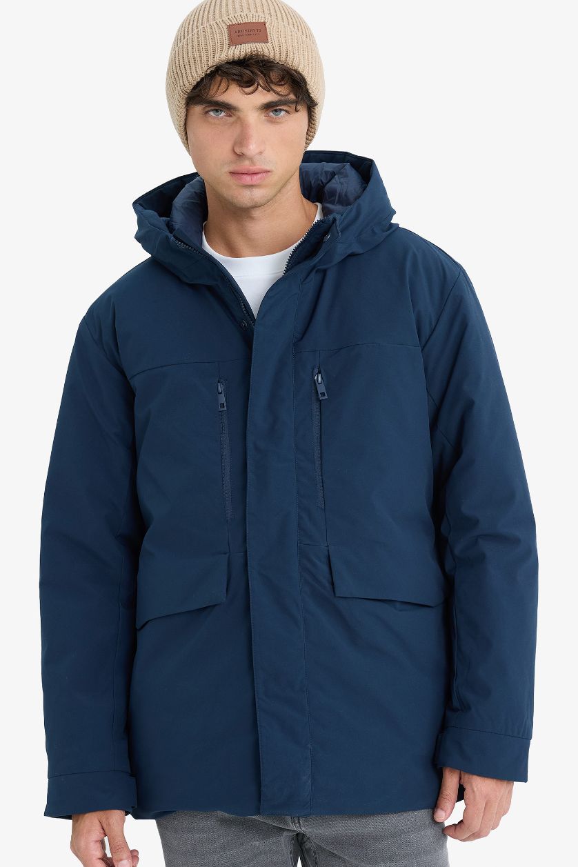 رجال كحلي جاكيت مقاوم للماء قصة عادية بغطاء للرأس