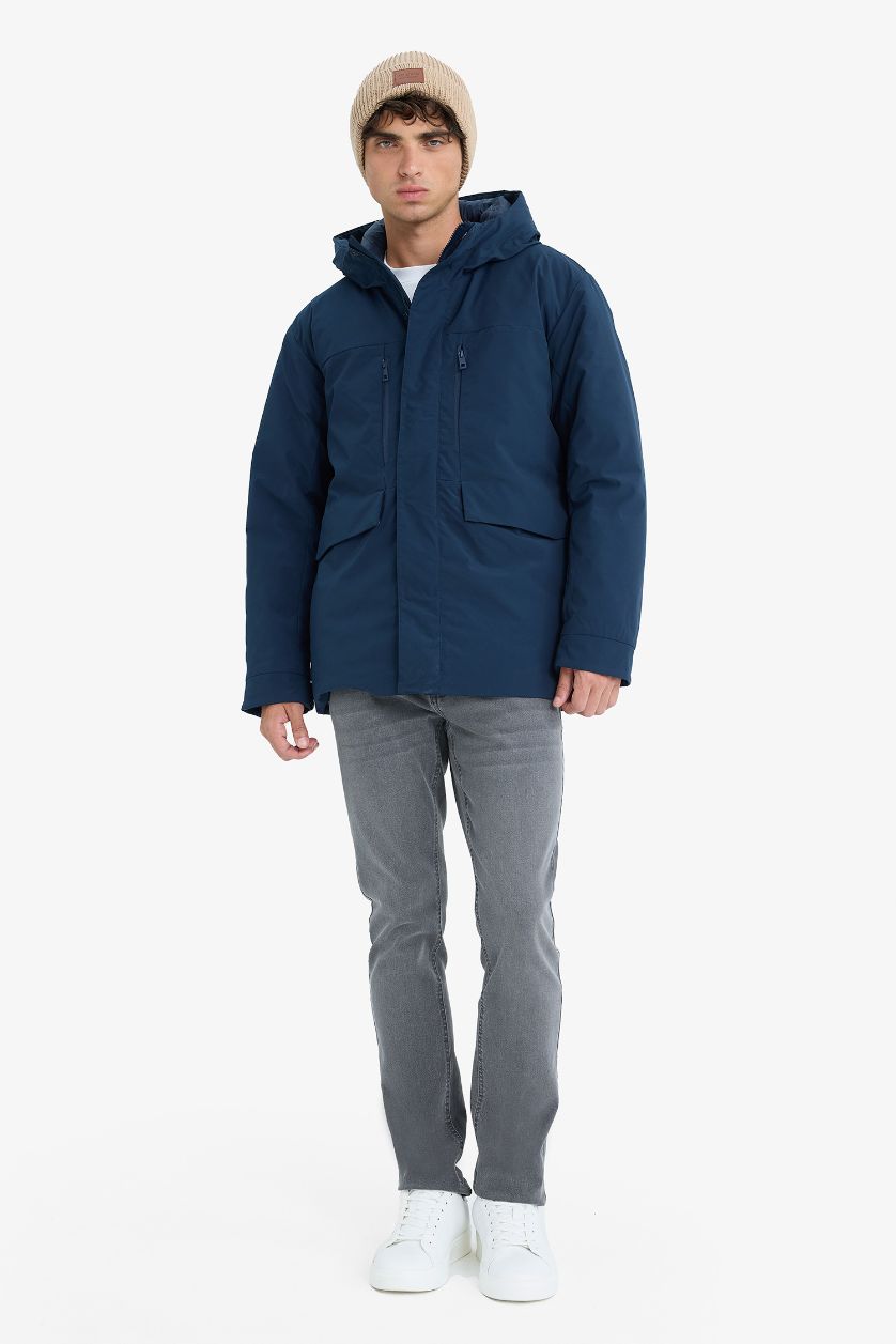 رجال كحلي جاكيت مقاوم للماء قصة عادية بغطاء للرأس