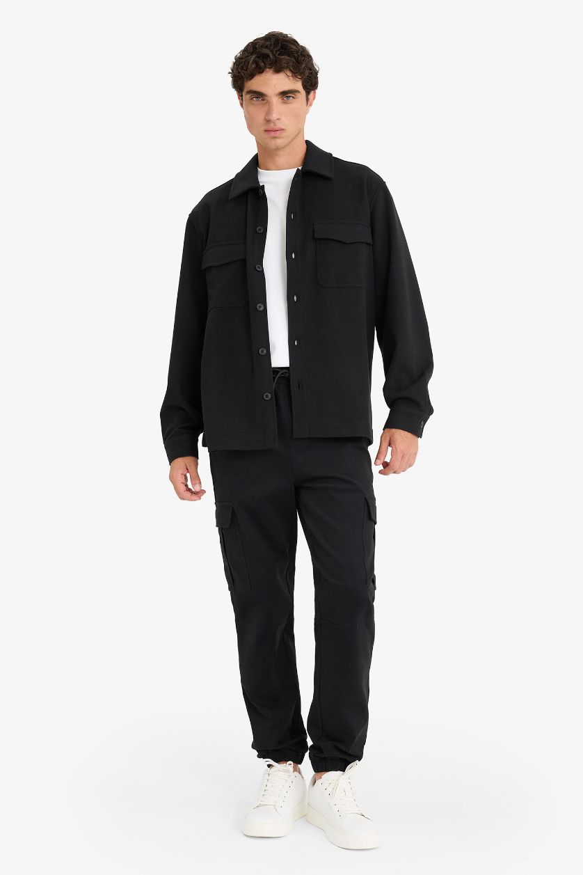 Man Black Regular Fit Buttoned Shirt Jacket