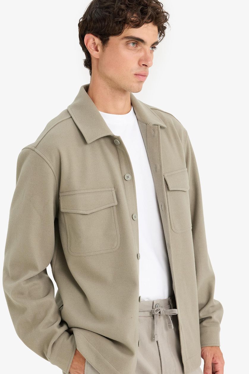 Man Light Khaki Regular Fit Buttoned Shirt Jacket