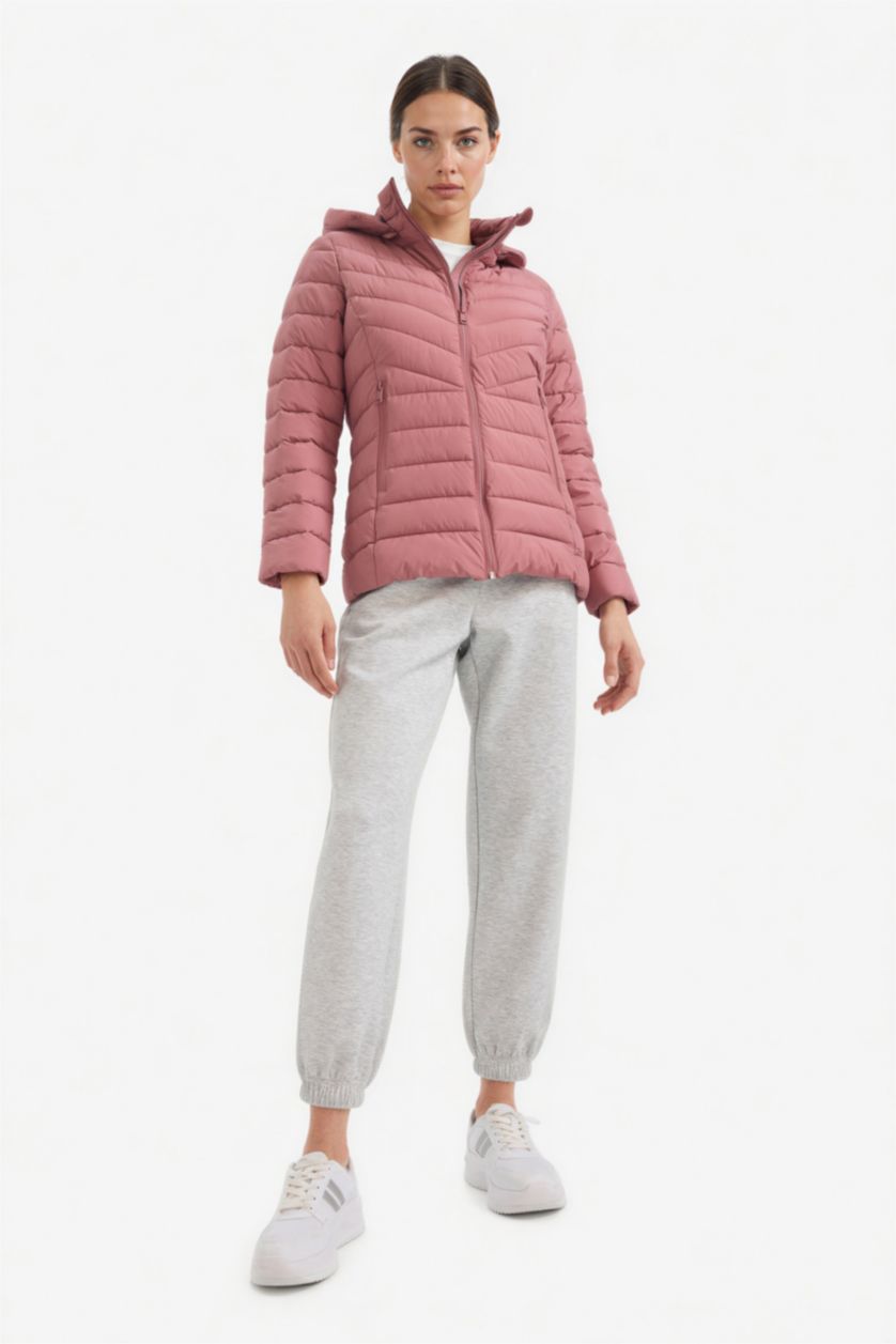 Kadın Bordo Su İtici Regular Fit Kapüşonlu Fermuarlı Cepli Şişme Mont