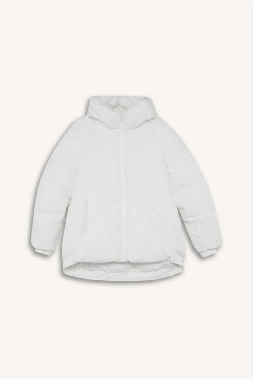 Kadın Beyaz Su İtici Oversize Fit Geniş Kalıp Kapüşonlu Fermuarlı Cepli Şişme Mont