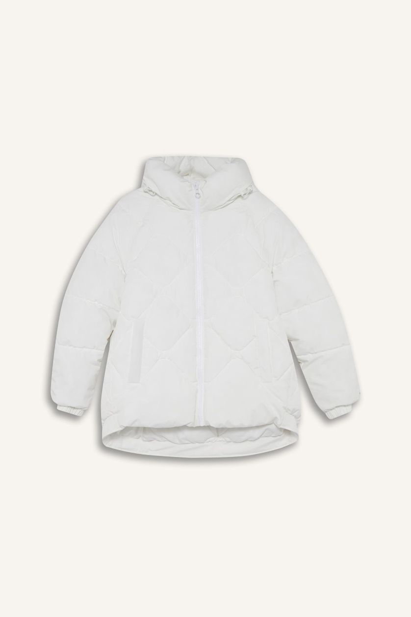 Kadın Beyaz Su İtici Oversize Fit Geniş Kalıp Kapüşonlu Fermuarlı Cepli Şişme Mont