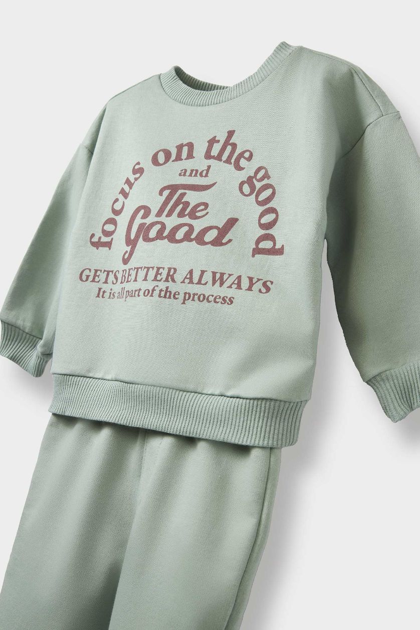 Erkek Bebek Açık Haki Erkek Bebek 2'li Takım Baskılı Sweatshirt Beli Lastikli Eşofman Altı