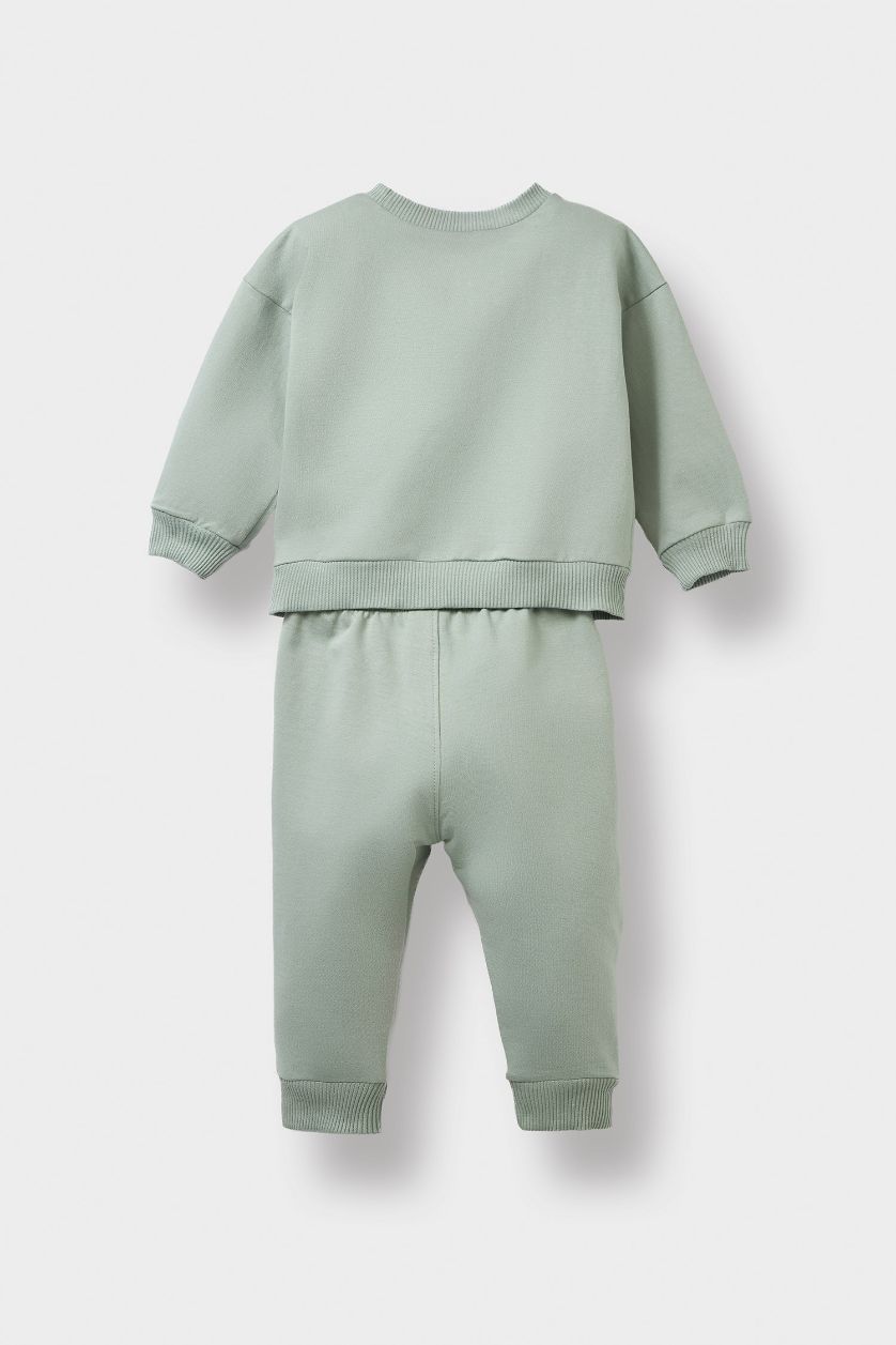 Erkek Bebek Açık Haki Erkek Bebek 2'li Takım Baskılı Sweatshirt Beli Lastikli Eşofman Altı