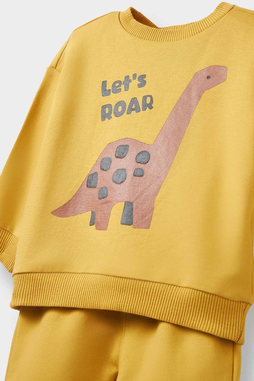 Erkek Bebek Sarı Erkek Bebek 2'li Takım Dinozor Baskılı Sweatshirt Eşofman Altı