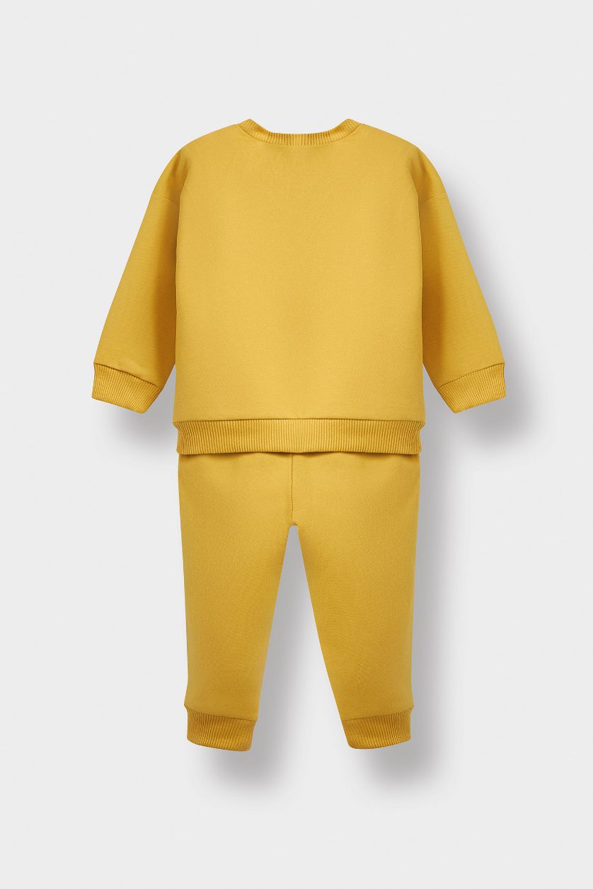 Erkek Bebek Sarı Erkek Bebek 2'li Takım Dinozor Baskılı Sweatshirt Eşofman Altı