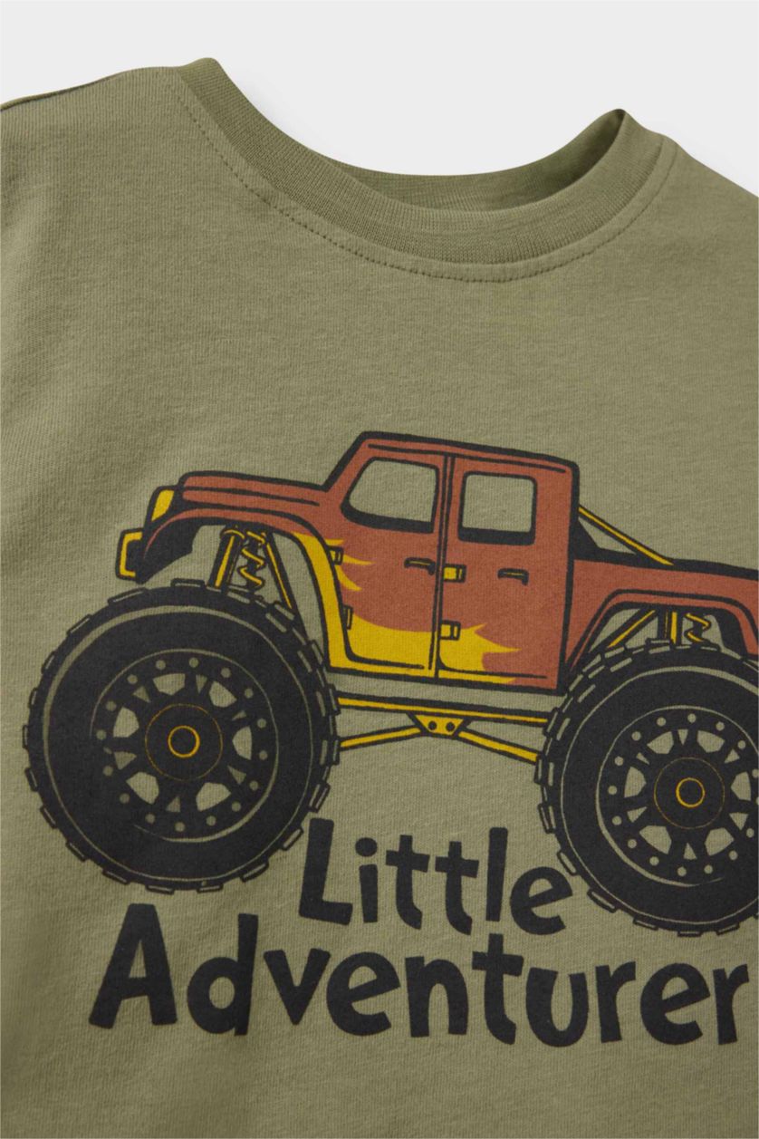 طفل صغير برتقلي غامق تيشيرت بيبي ولادي كم طويل بطبعة شعار قصة عادية - قطعتين