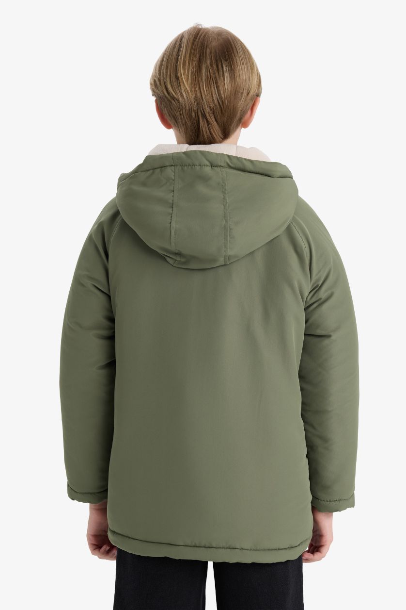 Erkek Çocuk - Genç Erkek Haki Su İtici Kapüşonlu Polar Astarlı Mont Erkek Çocuk