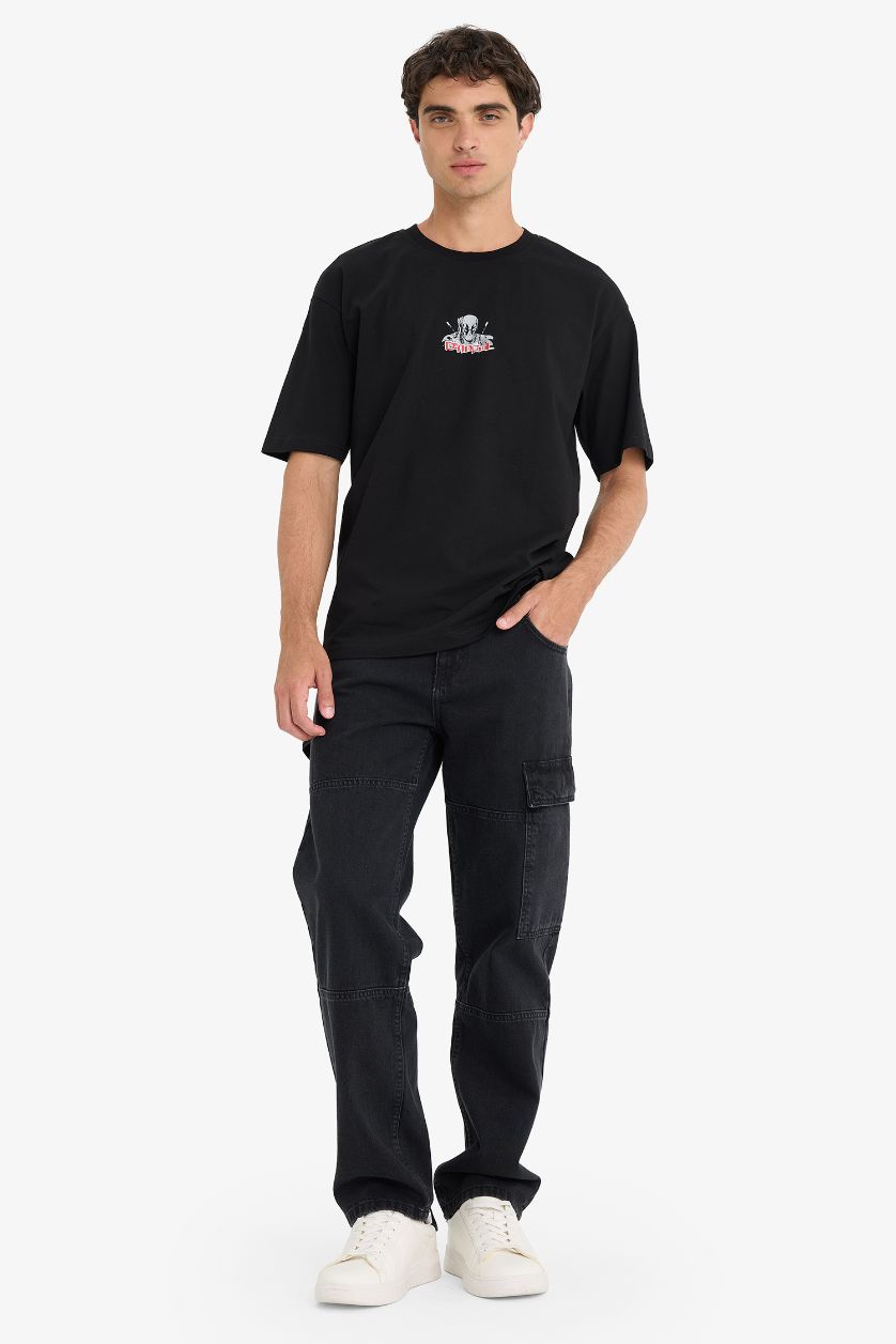 HOMME Noir T-shirt boxy en coton imprimé au dos Deadpool à col rond et manches courtes