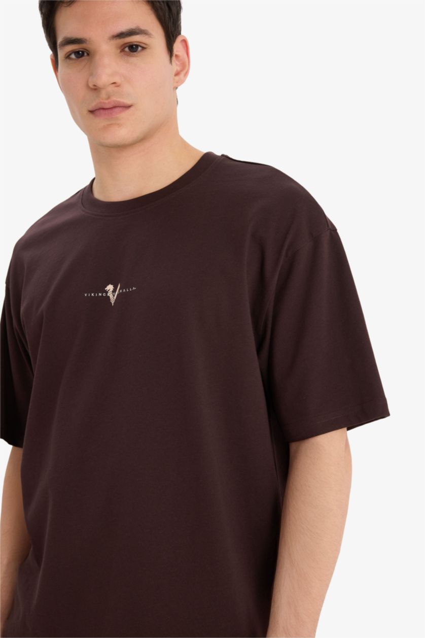 MAN Brown Boxy Fit Vikings Valhalla Crew Neck Printed Short Sleeve T-Shirt