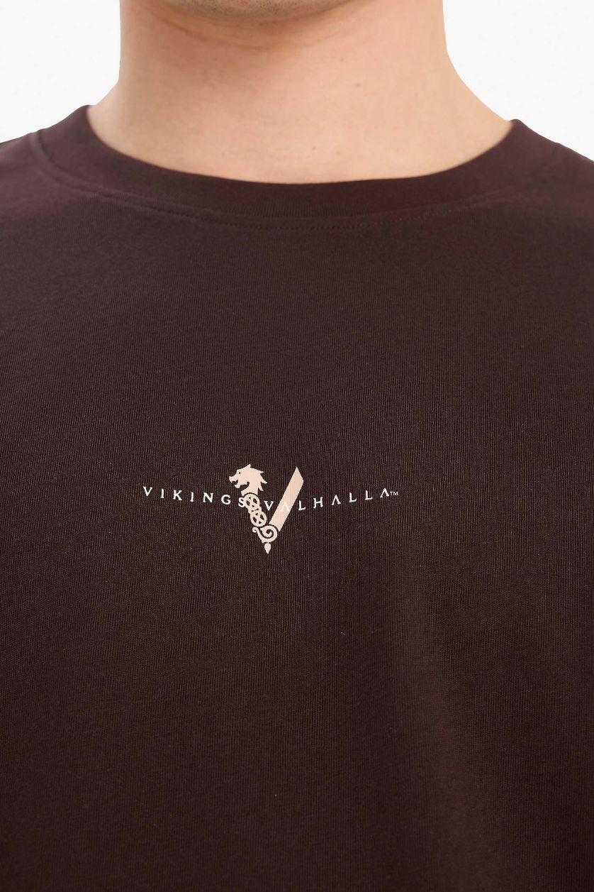 MAN Brown Boxy Fit Vikings Valhalla Crew Neck Printed Short Sleeve T-Shirt