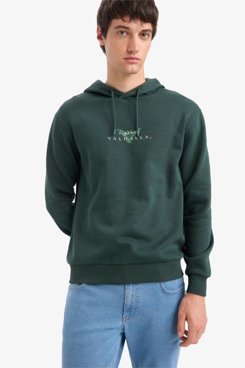 Erkek Koyu Yeşil Vikings Valhalla Regular Fit Kapüşonlu Sweatshirt