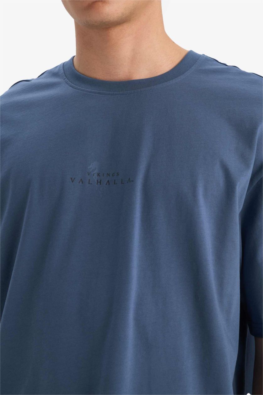 HOMME Indigo Clair T-shirt boxy imprimé Vikings Valhalla à col rond et manches courtes