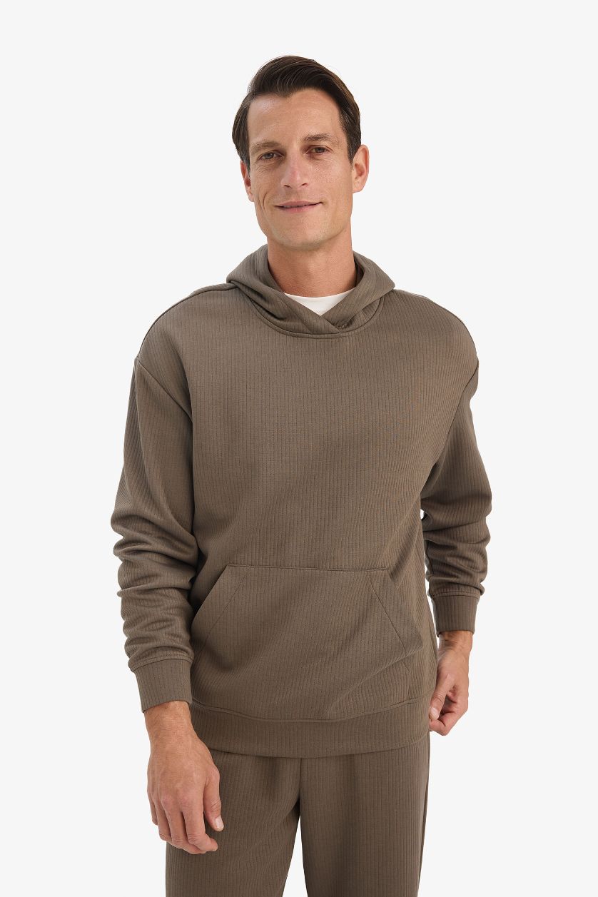 Erkek Açık Kahve Boxy Fit Kapüşonlu Kanguru Cepli Jakarlı Sweatshirt
