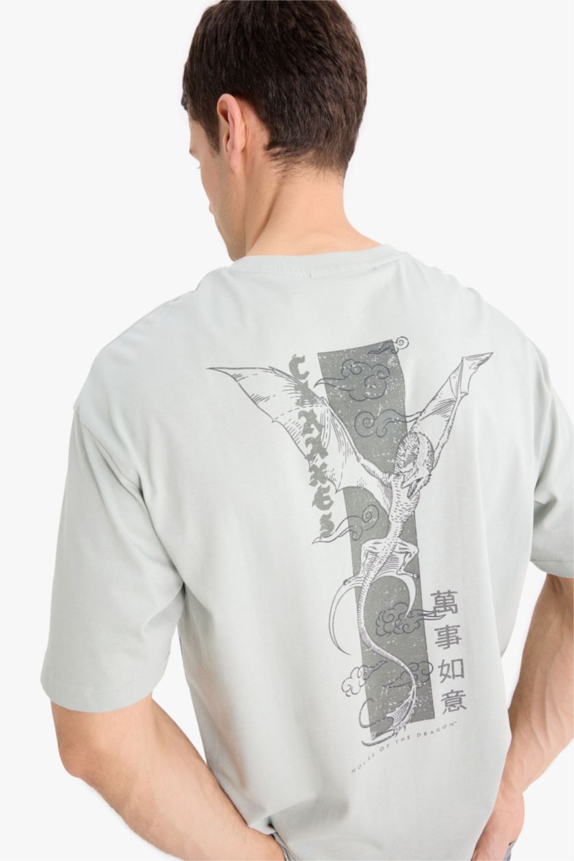 MAN Grey House Of The Dragon Boxy Fit Crew Neck Printed T-Shirt