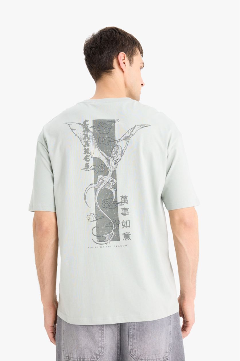 MAN Grey House Of The Dragon Boxy Fit Crew Neck Printed T-Shirt
