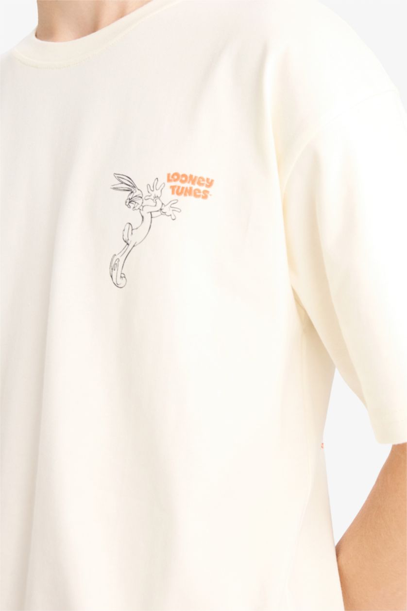 Erkek Ekru %100 Pamuk Looney Tunes Boxy Fit Rahat Kesim Bisiklet Yaka Sırt Baskılı Kısa Kollu Tişört