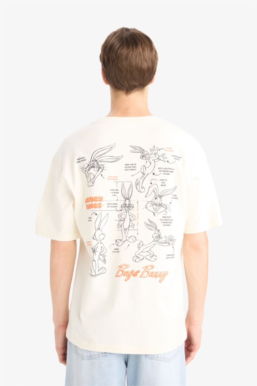 Erkek Ekru %100 Pamuk Looney Tunes Boxy Fit Rahat Kesim Bisiklet Yaka Sırt Baskılı Kısa Kollu Tişört