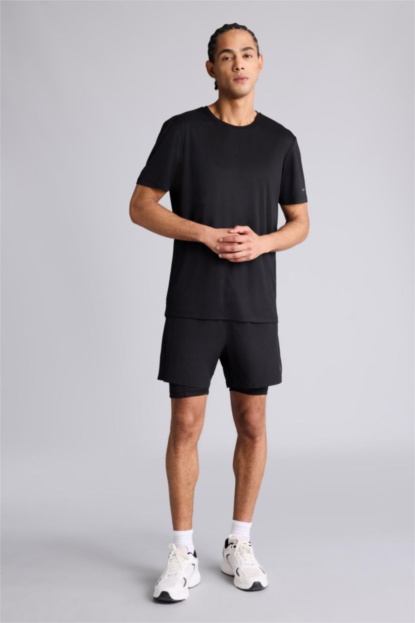 Erkek Siyah Slim Fit Dar Kesim Bisiklet Yaka Çabuk Kuruyan Nefes Alabilen Esnek Kumaş Baskılı Sporcu Kısa Kollu Tişört