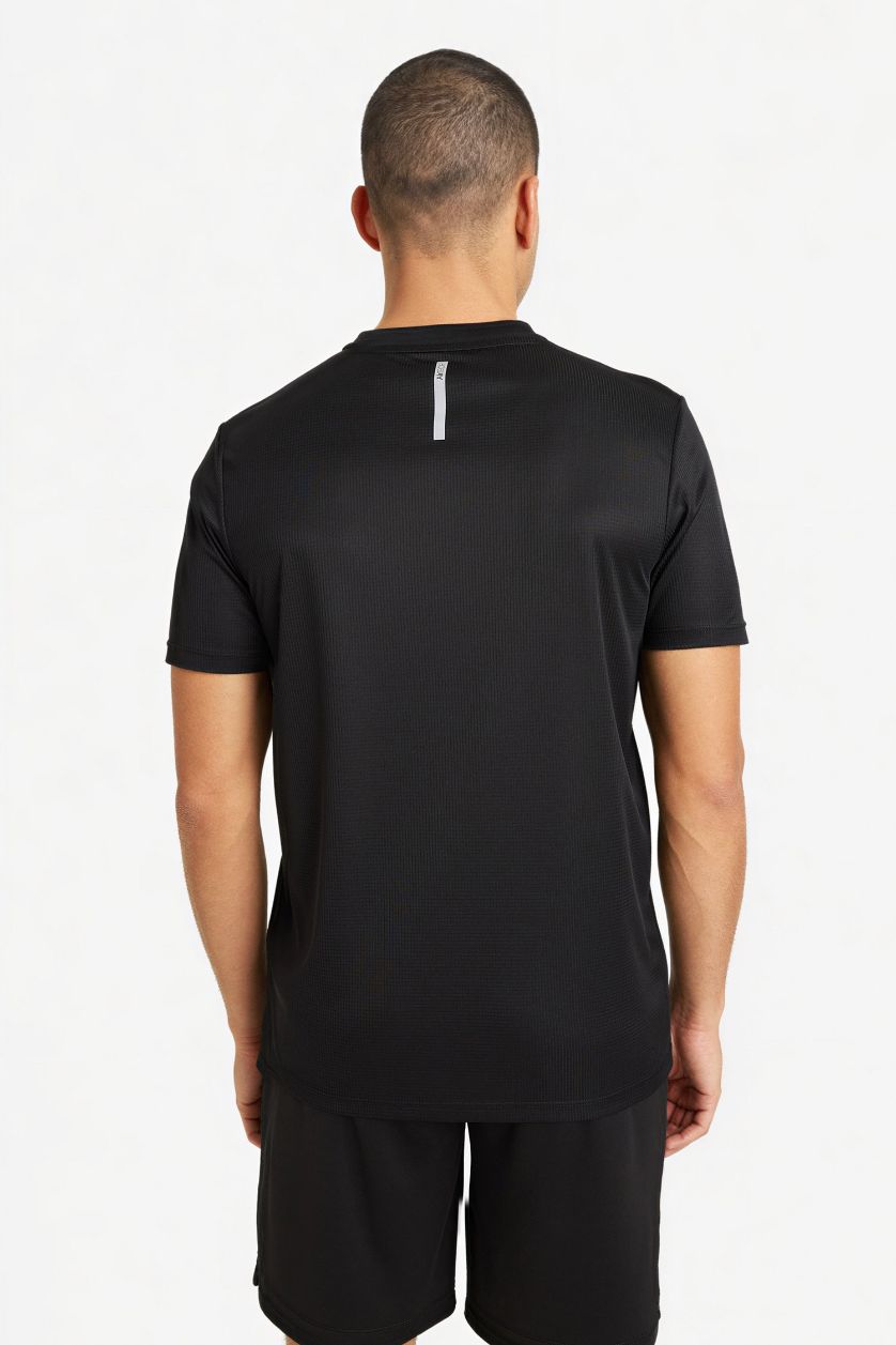 Erkek Siyah Slım Fıt Bisiklet Yaka Baskılı Sporcu Kısa Kollu Tişört