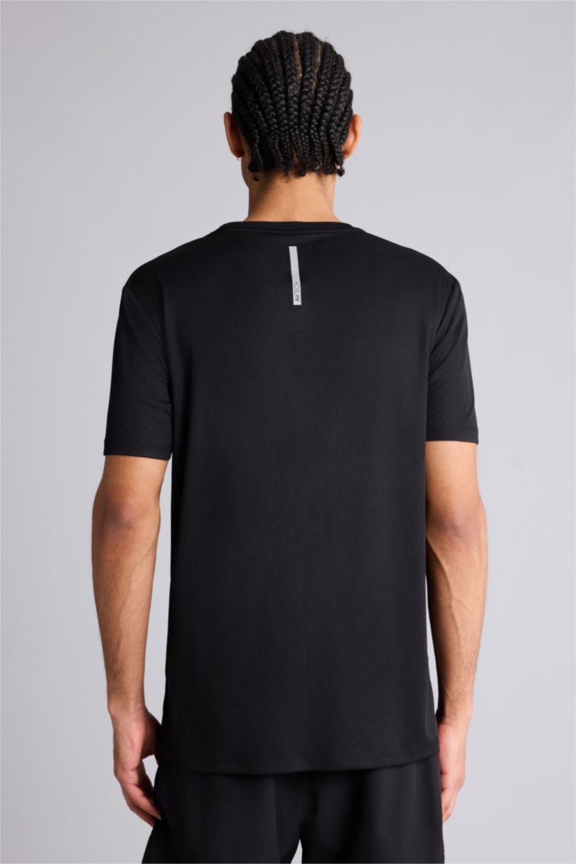 Erkek Siyah Slim Fit Dar Kesim Bisiklet Yaka Çabuk Kuruyan Nefes Alabilen Esnek Kumaş Baskılı Sporcu Kısa Kollu Tişört