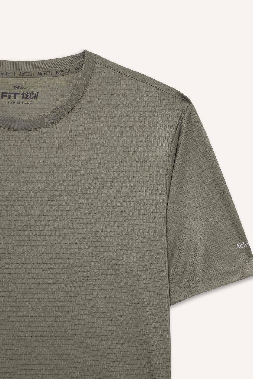 Erkek Haki Slım Fıt Bisiklet Yaka Baskılı Sporcu Kısa Kollu Tişört