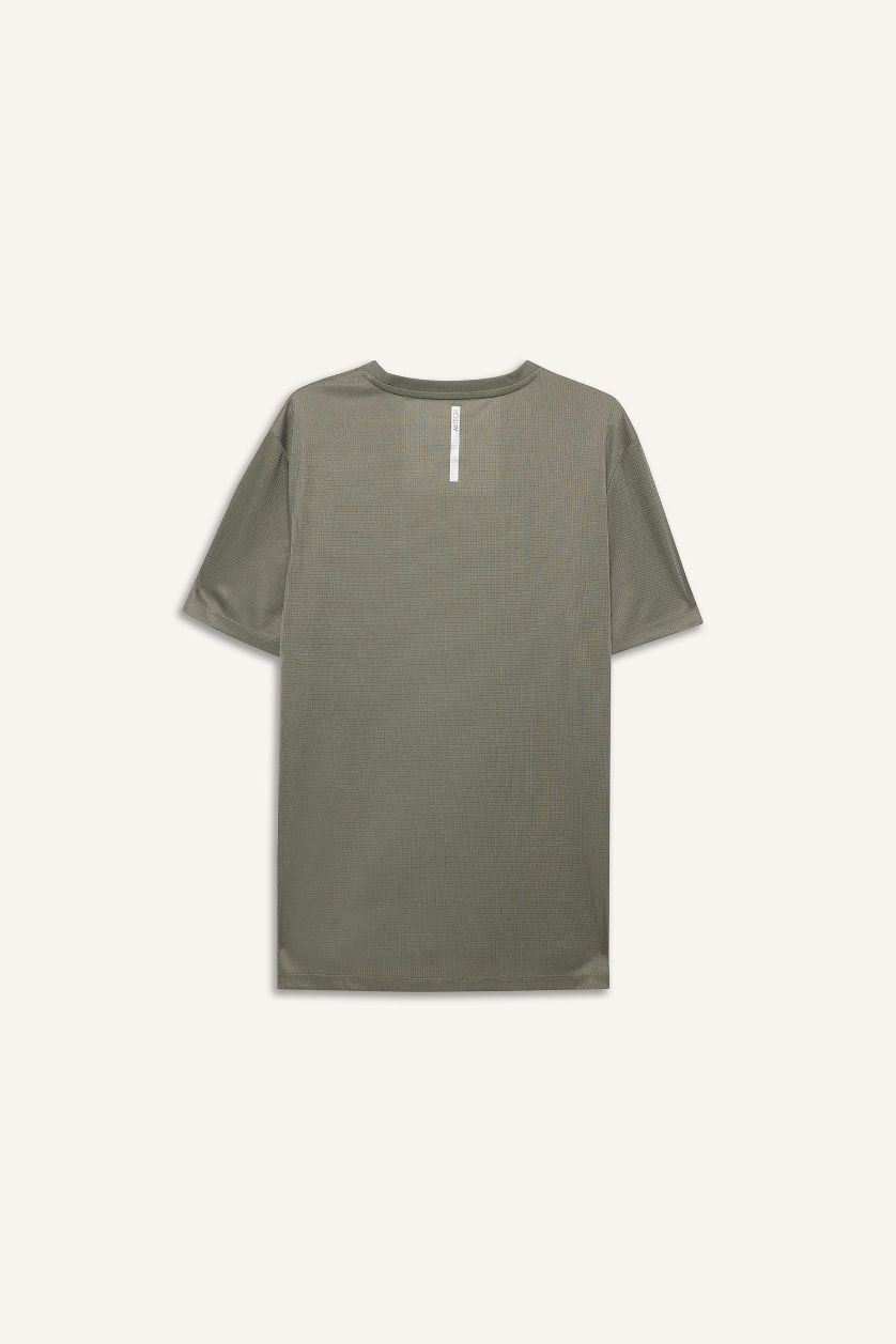 Erkek Haki Slım Fıt Bisiklet Yaka Baskılı Sporcu Kısa Kollu Tişört