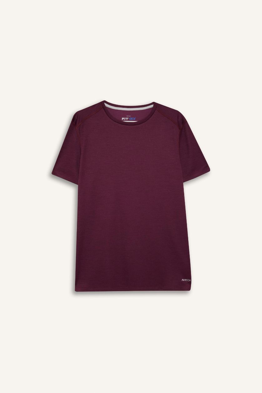 Erkek Bordo Slim Fit Dar Kesim Hızlı Kuruyan Nefes Alabilen Esnek Kumaş Bisiklet Yaka Sporcu Kısa Kollu Tişört