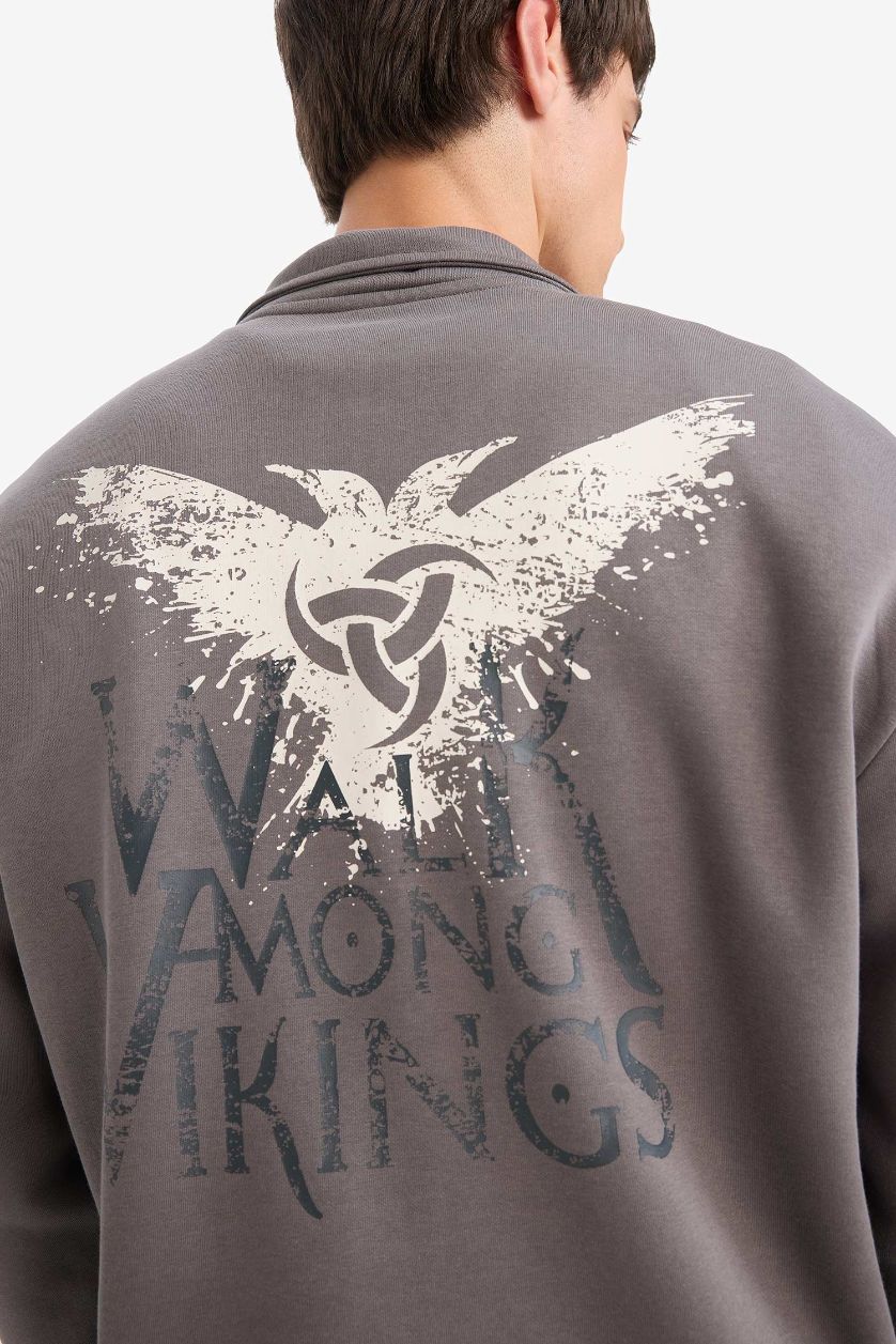 Erkek Gri Vikings Valhalla Boxy Fit Dik Yaka Yarım Fermuarlı Sırt Baskılı Sweatshirt 
