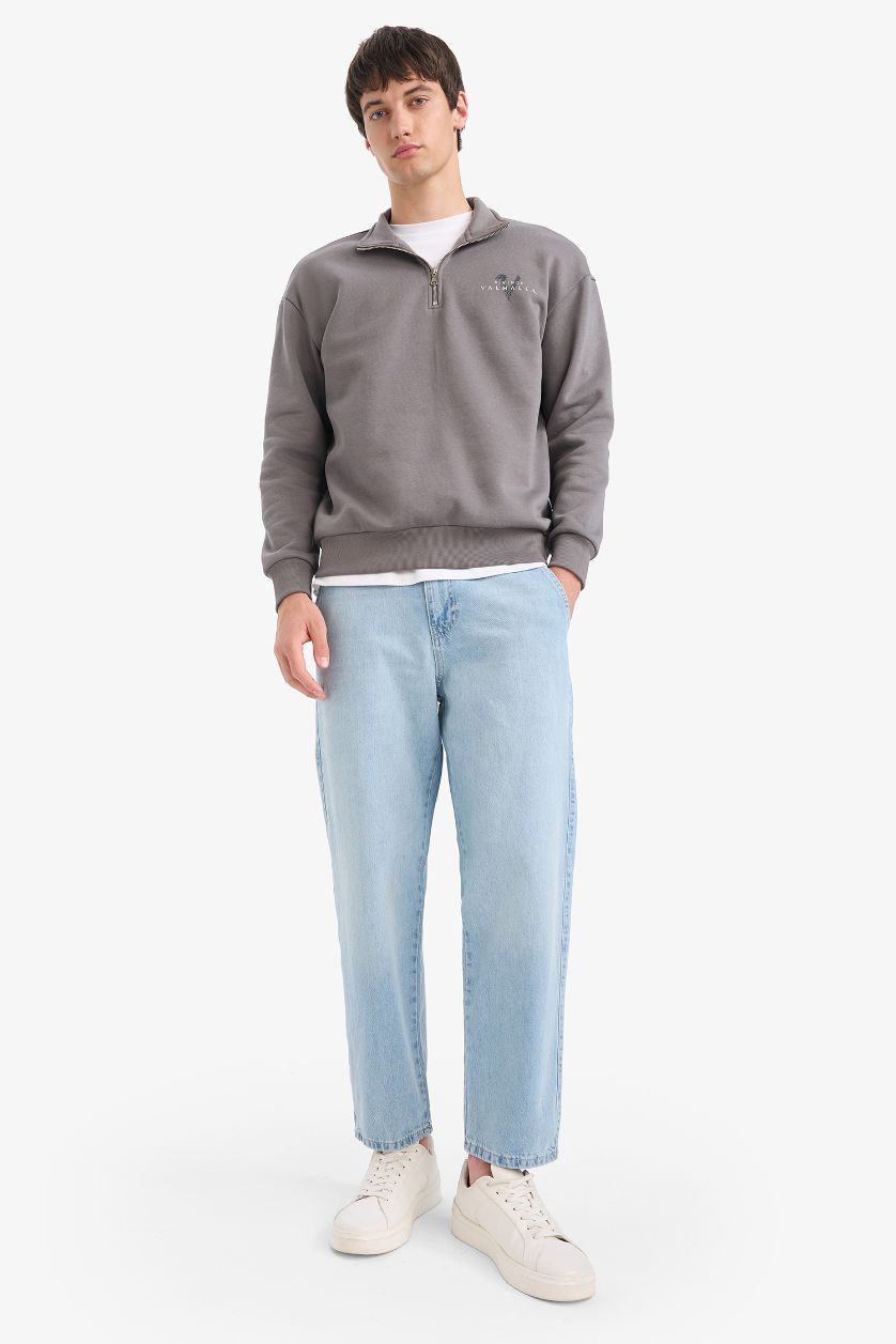 Erkek Gri Vikings Valhalla Boxy Fit Dik Yaka Yarım Fermuarlı Sırt Baskılı Sweatshirt 