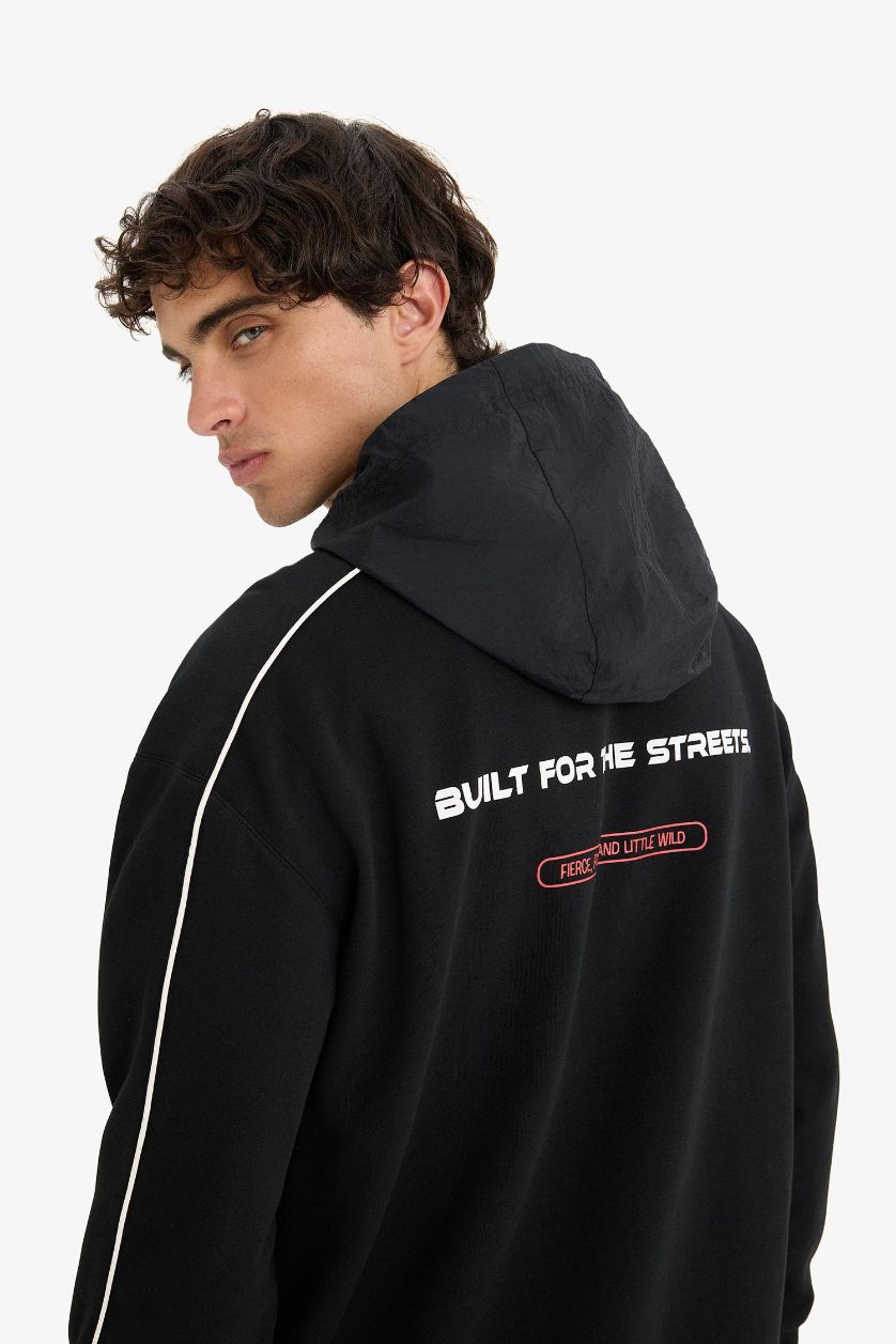 MAN Black Boxy Fit Long Sleeve Printed Hoodie