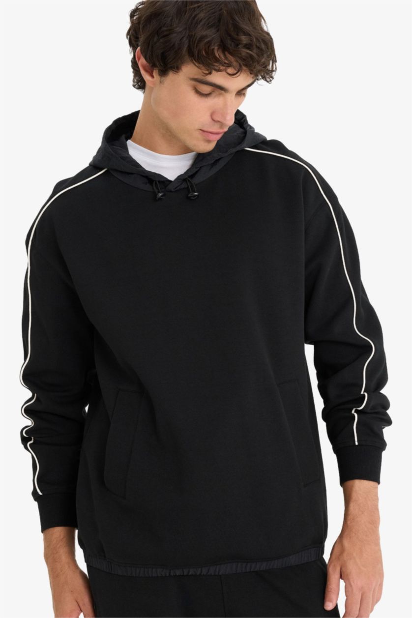 MAN Black Boxy Fit Long Sleeve Printed Hoodie