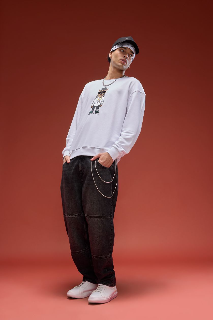 رجال أبيض سويت شيرت أوفر سايز بياقة مستديرة