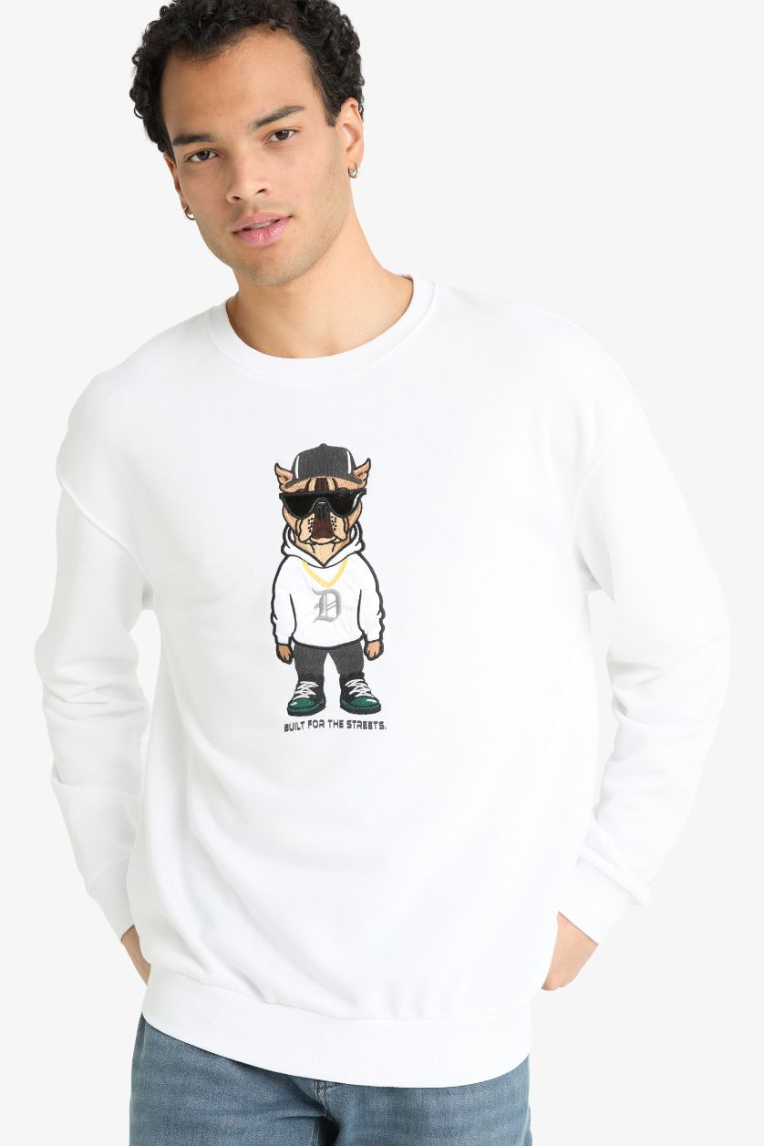 رجال أبيض سويت شيرت أوفر سايز بياقة مستديرة