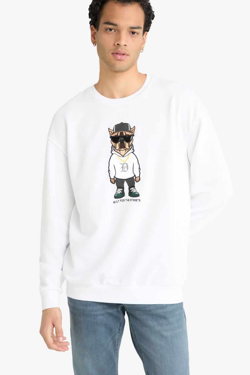 رجال أبيض سويت شيرت أوفر سايز بياقة مستديرة