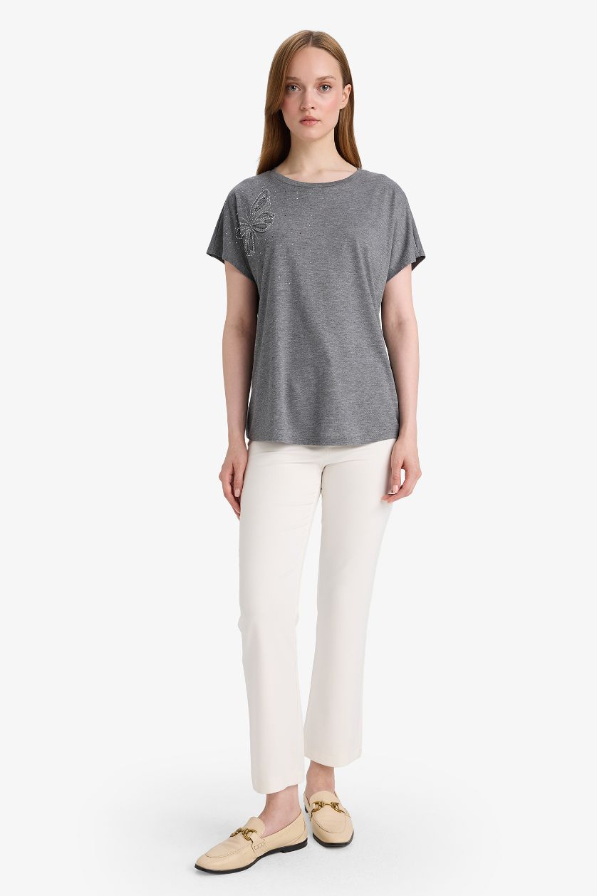 نساء ميلانج أنثرا تيشيرت نص كم قصة عادية بفراشة مرصعة بالستراس برقبة مستديرة