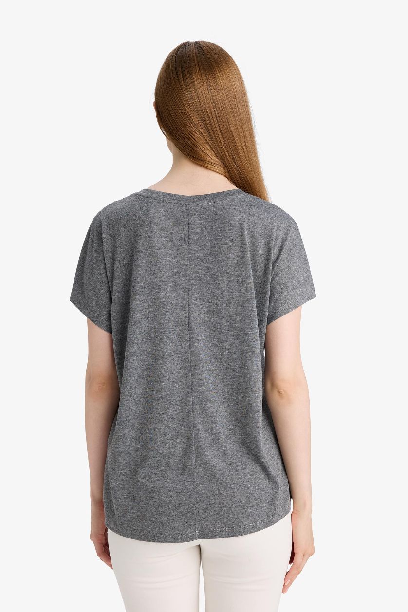 نساء ميلانج أنثرا تيشيرت نص كم قصة عادية بفراشة مرصعة بالستراس برقبة مستديرة