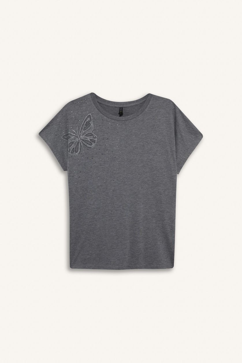 نساء ميلانج أنثرا تيشيرت نص كم قصة عادية بفراشة مرصعة بالستراس برقبة مستديرة