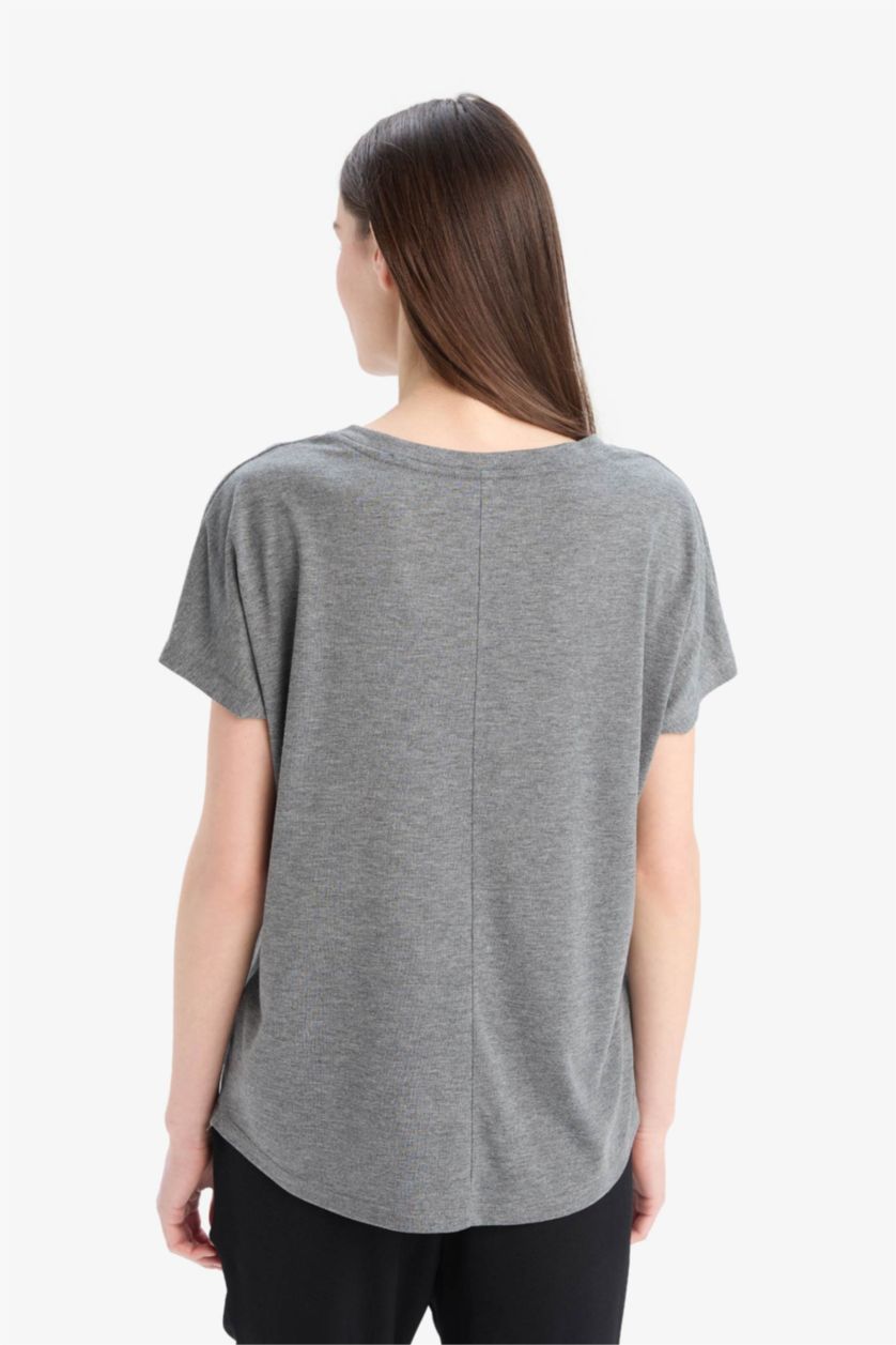 Kadın Antrasit Melanj Bisiklet Yaka Basic Düz Kısa Kollu Tişört