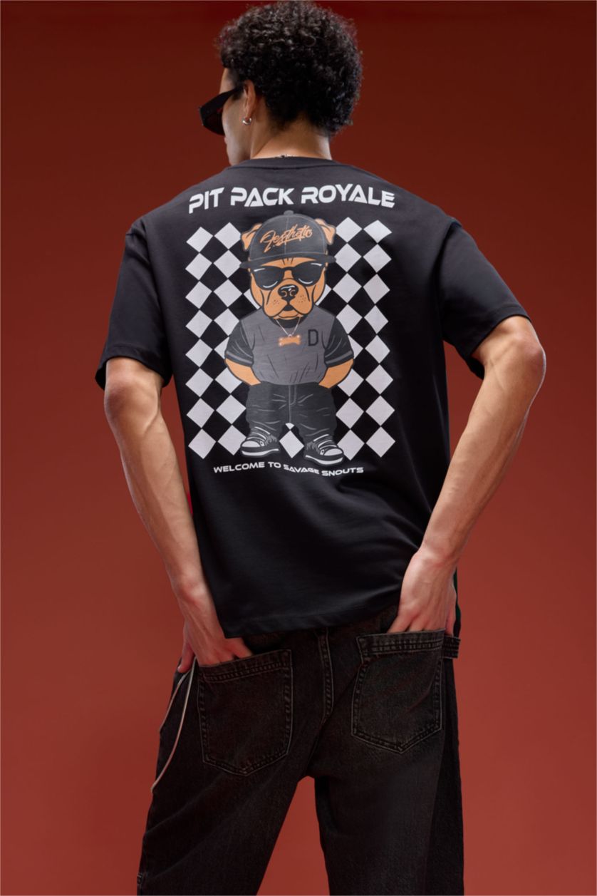 HOMME Noir T-shirt Boxy en coton imprimé au dos à col rond et manches courtes