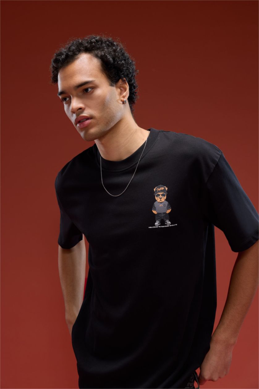 HOMME Noir T-shirt Boxy en coton imprimé au dos à col rond et manches courtes