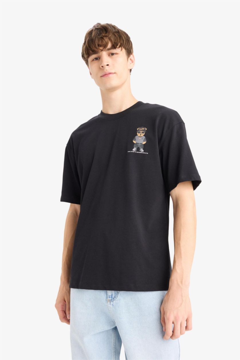 HOMME Noir T-shirt Boxy en coton imprimé au dos à col rond et manches courtes