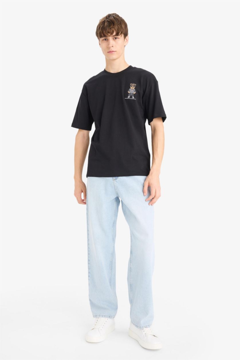 HOMME Noir T-shirt Boxy en coton imprimé au dos à col rond et manches courtes