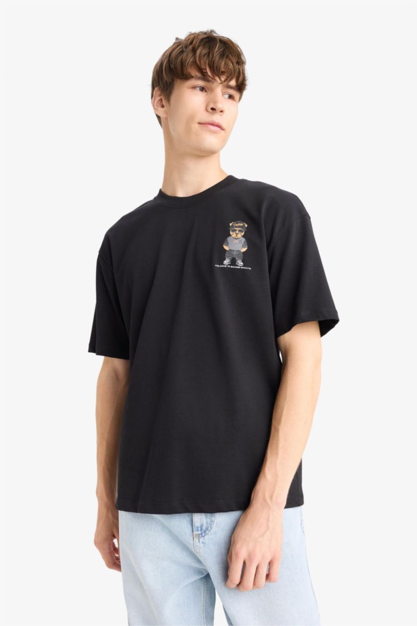 HOMME Noir T-shirt Boxy en coton imprimé au dos à col rond et manches courtes