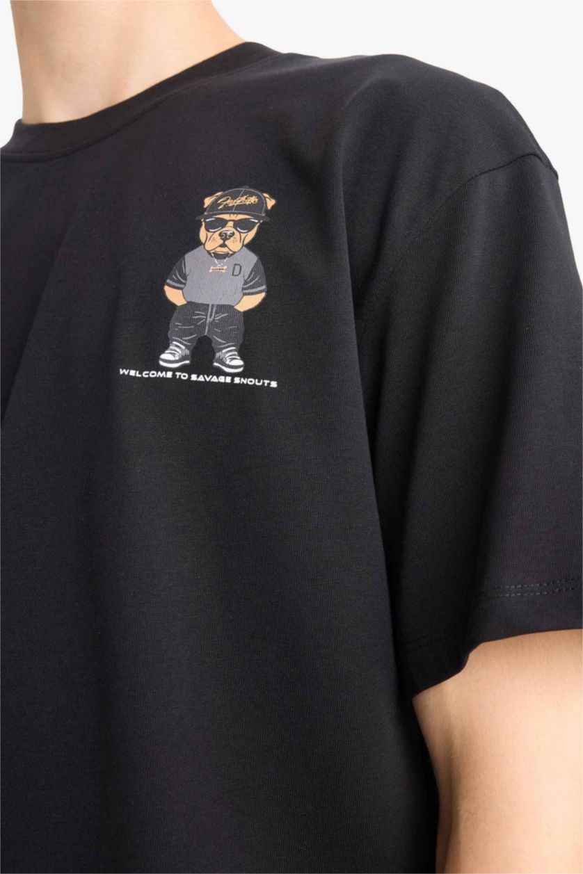 HOMME Noir T-shirt Boxy en coton imprimé au dos à col rond et manches courtes