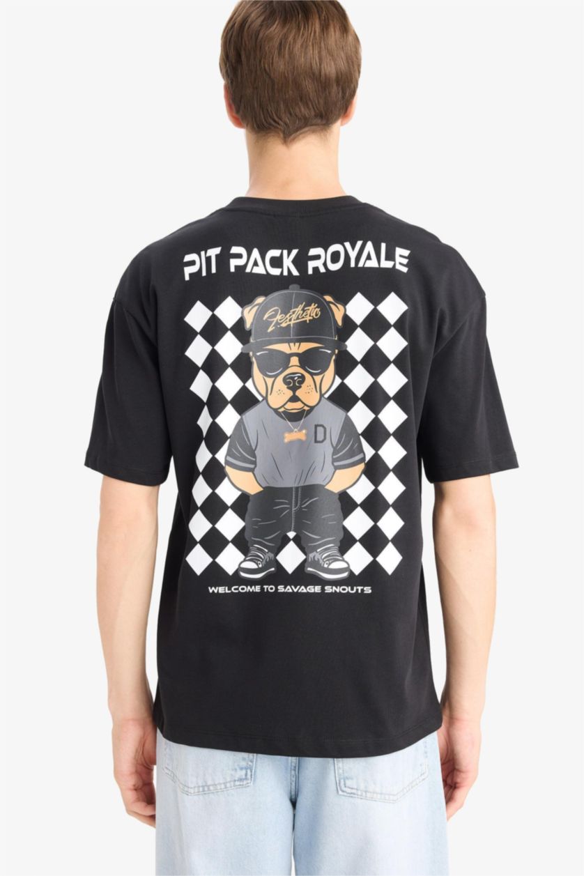 HOMME Noir T-shirt Boxy en coton imprimé au dos à col rond et manches courtes