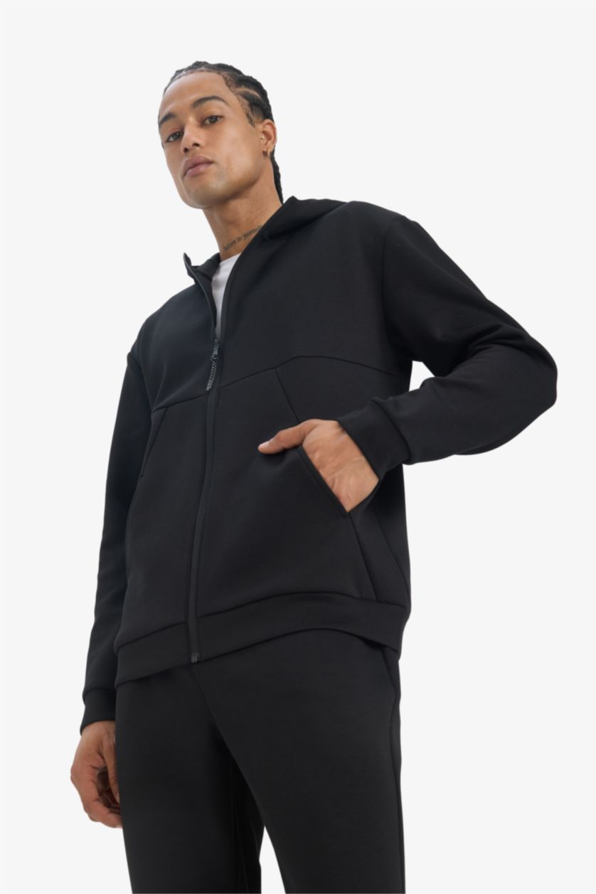 رجال أسود سترة قماش سكوبا قصة عادية بغطاء للرأس جيب ويلت